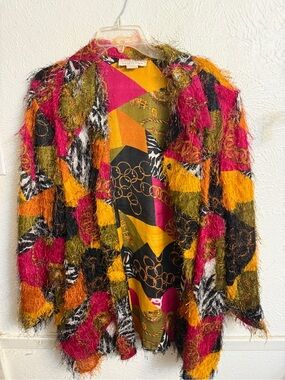 Vintage 1990s Bold Multi-Color Fuzzy Open-Front Women's Sweater Jacket